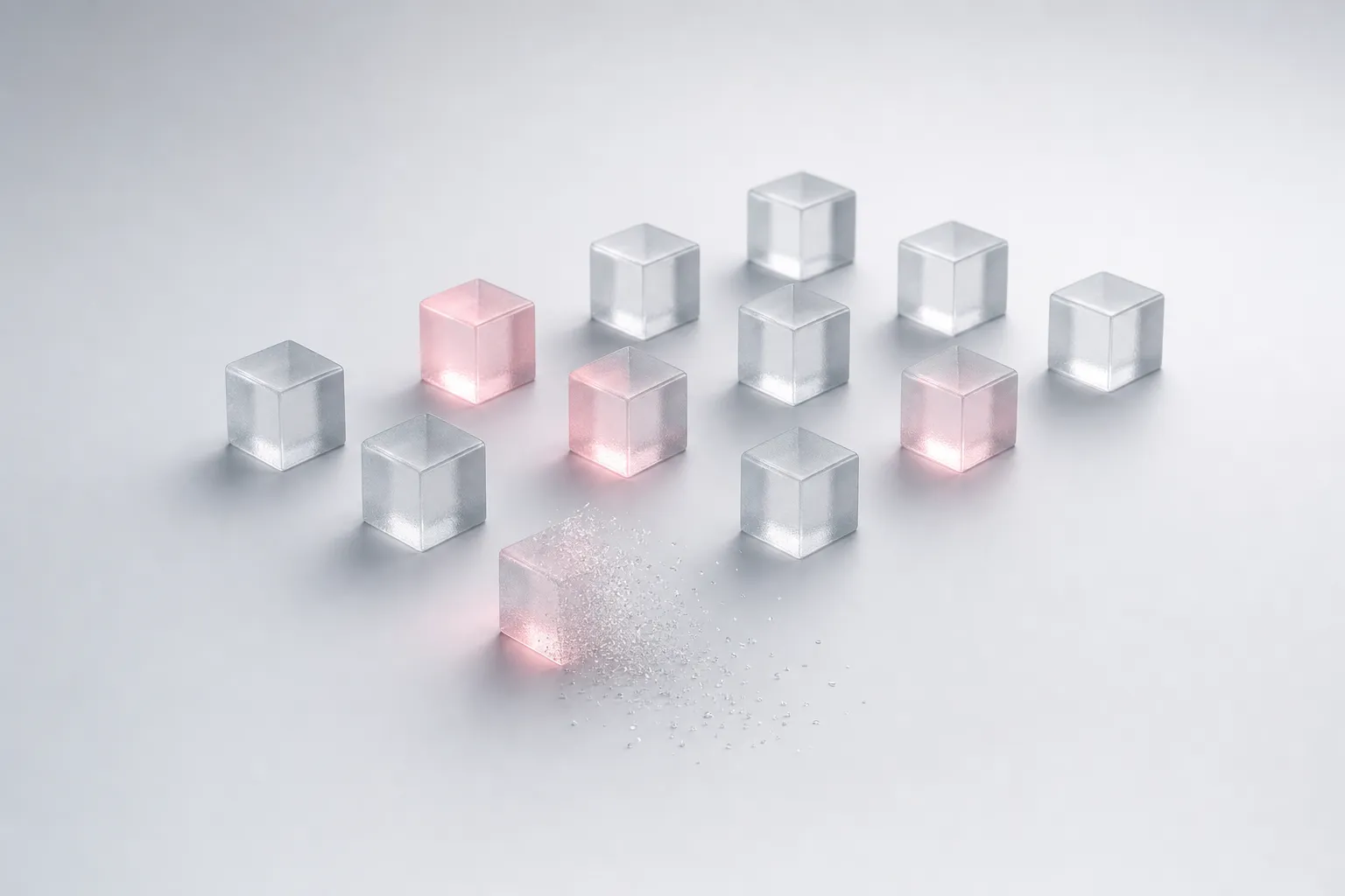 A grid of small frosted glass cubes, a few glowing rose pink, one dissolving