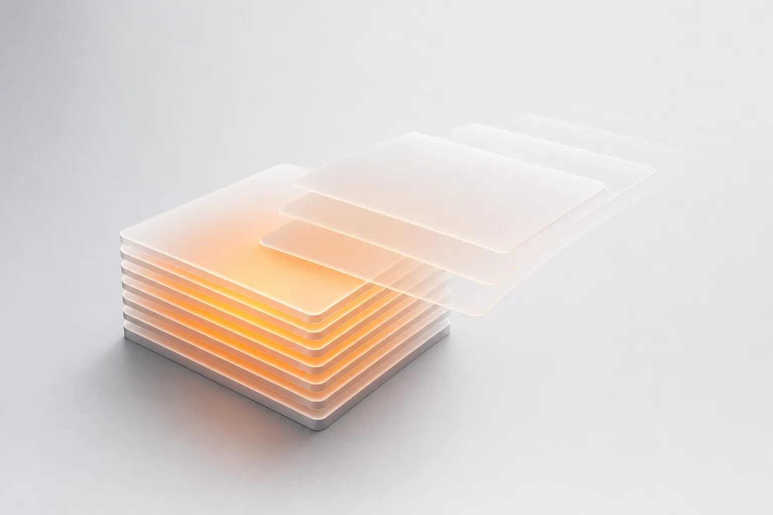 A stack of thin frosted glass sheets with an orange glow, the top sheets sliding away