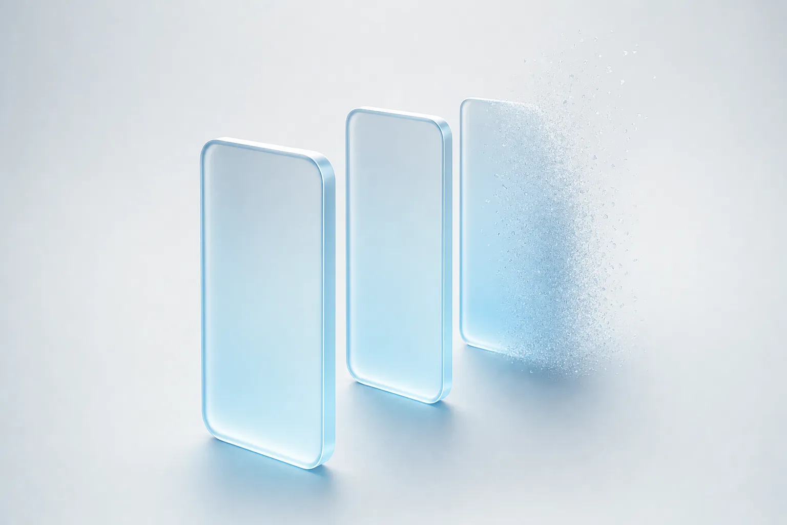 Three frosted glass slabs in a row, the last one dissolving into particles