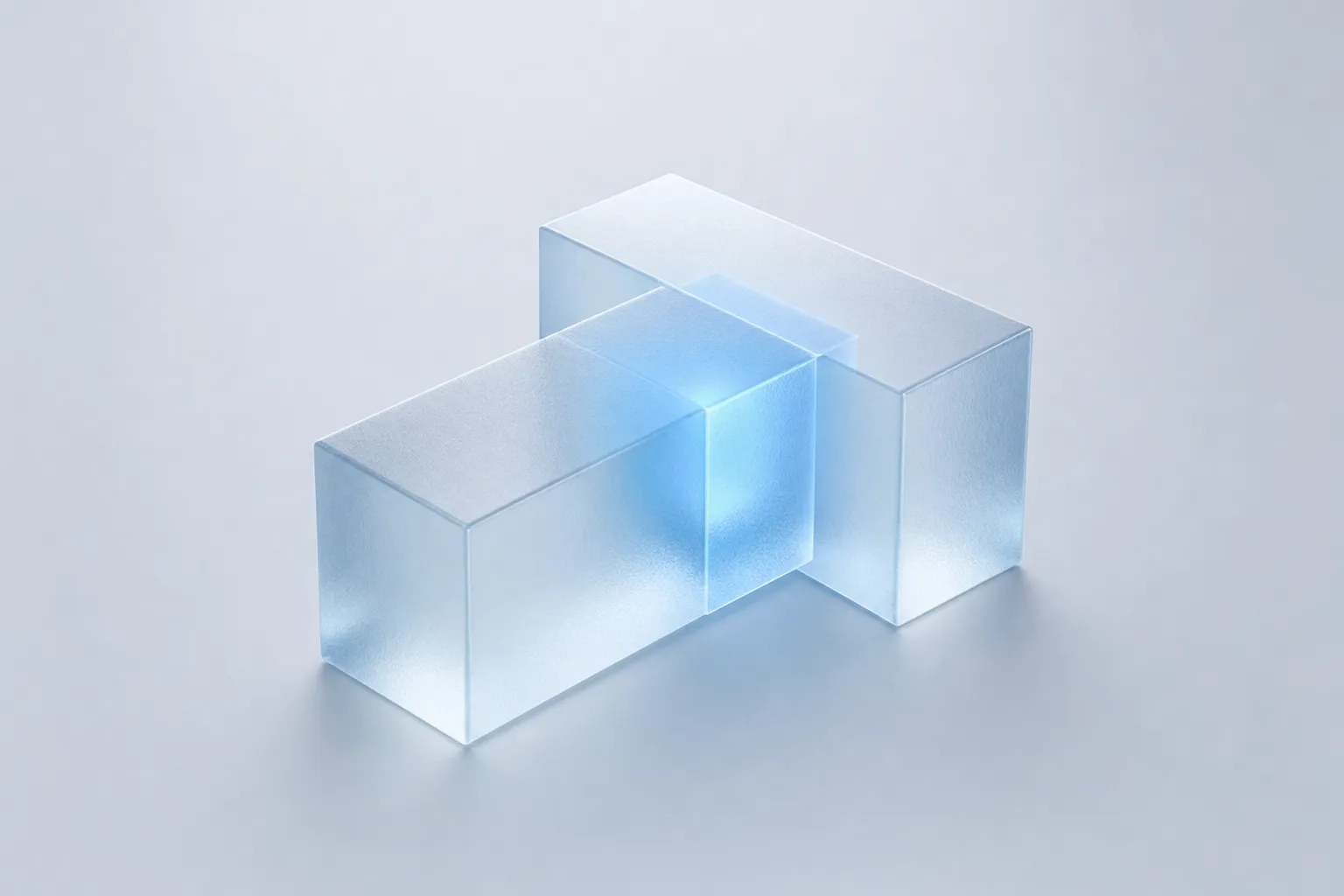Two frosted glass blocks overlapping, the shared part glowing brighter blue