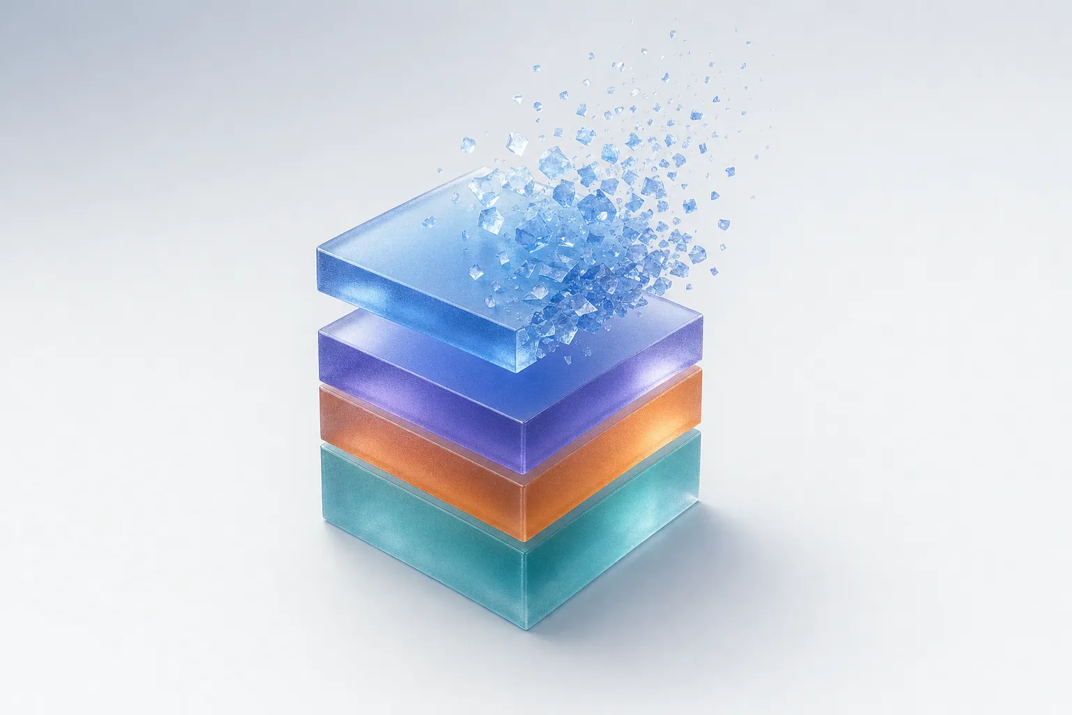 A frosted glass cube in layers of blue, violet, orange and teal, its top layer breaking into particles