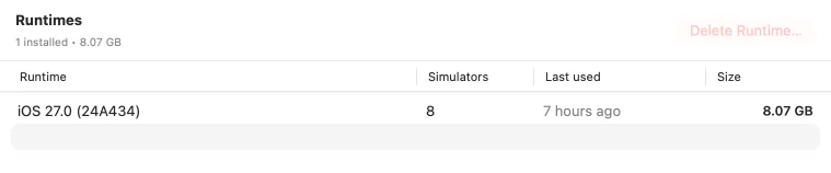 SimCleaner Pro's Runtimes page: iOS 27.0 (24A434), used by 8 simulators, last used 7 hours ago, 8.07 GB