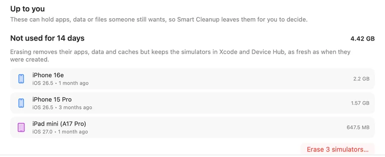 Under Smart Cleanup, SimCleaner suggests erasing three simulators not used for 14 days: iPhone 16e, iPhone 15 Pro and iPad mini