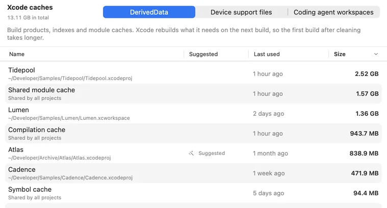 Xcode caches page listing DerivedData per project with when Xcode last used it and its size; one project whose folder moved is marked Suggested